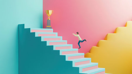 Paper character climbing stairs toward a trophy, illustrating the path to success and career growthの素材