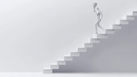 Minimalist paper human climbing stairs with a trophy at the summit, symbolizing success, progress, and business goalsの素材