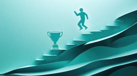 Paper cut-out figure climbing stairs toward a trophy, illustrating ambition, progress, and business rewardの素材