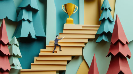 Paper cut-out character climbing stairs with a trophy waiting above, illustrating the journey of business triumphの素材