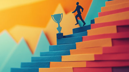 Paper cut-out figure climbing stairs toward a trophy, illustrating ambition, progress, and business rewardの素材