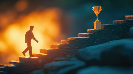 Paper cut-out man scaling a set of stairs with a trophy at the top, symbolizing business goals and achievementの素材