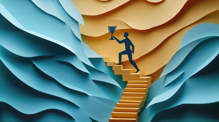 Paper cut-out figure climbing stairs toward a trophy, illustrating ambition, progress, and business rewardの素材
