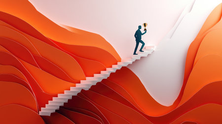 Paper man scaling a staircase with a trophy at the summit, representing the journey of professional successの素材