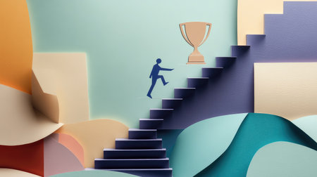 Paper cut-out figure scaling stairs to a trophy, a metaphor for ambition, perseverance, and professional triumphの素材