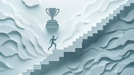 Paper cut-out character climbing stairs with a trophy waiting above, illustrating the journey of business triumphの素材