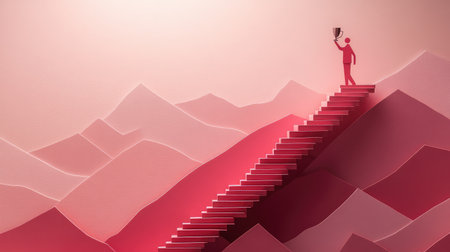 Paper cut-out figure ascending stairs with a trophy at the summit, representing business triumph and ambitionの素材