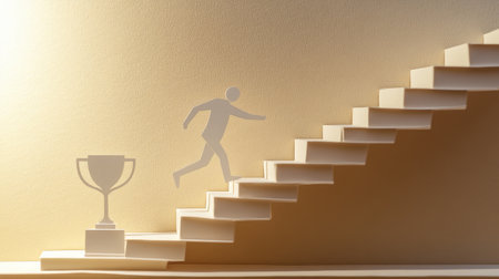 Paper cut-out figure scaling stairs to a trophy, a metaphor for ambition, perseverance, and professional triumphの素材