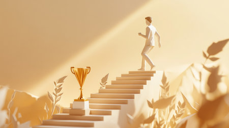 Paper man, crafted in minimalist style, climbing stairs to reach a trophy, representing achievement and business milestonesの素材