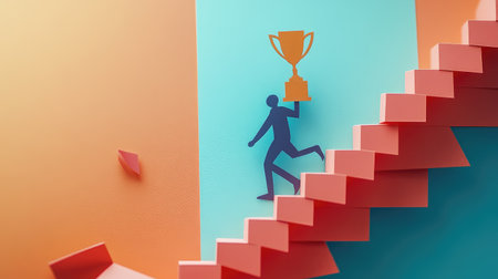 Paper cut-out man scaling a staircase with a trophy above, symbolizing the reward of effort and professional growthの素材