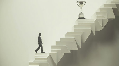 Paper human walking up steps with a trophy at the top, illustrating the pursuit of success and personal progressの素材