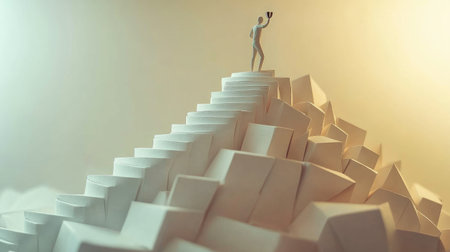 Paper man climbing stairs toward a trophy at the summit, a metaphor for dedication, business success, and rewardの素材