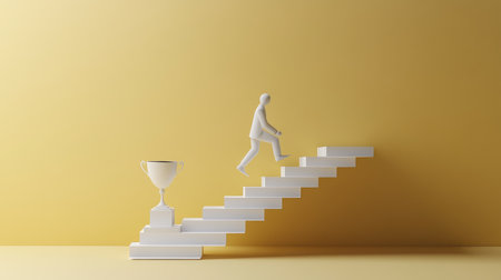 Paper man figure ascending stairs toward a trophy, illustrating the journey of achievement, ambition, and business progressの素材