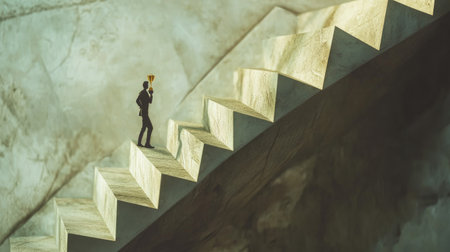 Paper man scaling stairs with a trophy at the peak, a vision of professional ambition and career milestonesの素材