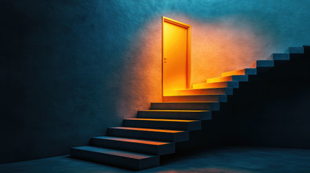 Abstract stairs with a golden door at the summit, symbolizing the climb toward business opportunities and successの素材