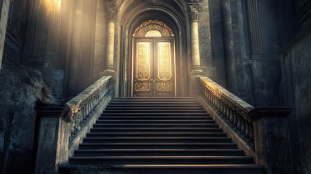 Grand staircase ascending to a majestic door, a metaphor for perseverance, business growth, and ultimate achievementの素材