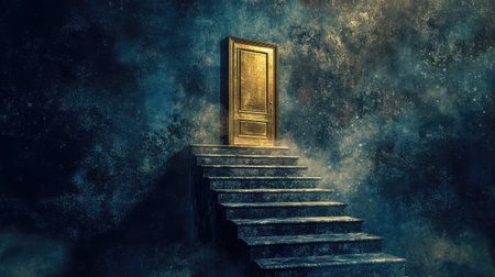 Abstract stairs with a golden door at the summit, symbolizing the climb toward business opportunities and successの素材