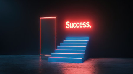 Abstract stairs leading to a glowing door marked "Success," a symbol of career achievement and professional milestonesの素材