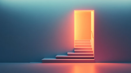 Abstract stairs and a glowing door, symbolizing the gradual steps needed to achieve business successの素材