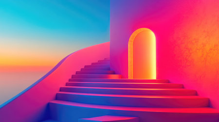 Abstract staircase with a bright success door at the summit, symbolizing ambition and business achievementの素材