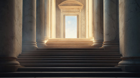 Grand staircase ascending to a majestic door, a metaphor for perseverance, business growth, and ultimate achievementの素材