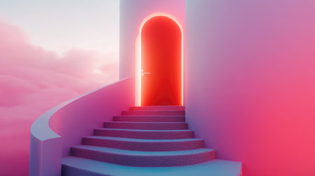 Abstract staircase with a bright success door at the summit, symbolizing ambition and business achievementの素材