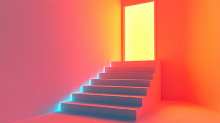 Minimalistic stairs climbing to a luminous door, a symbol of the path to business triumph and personal goalsの素材