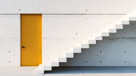 Modern stairs leading to a distant golden door, illustrating the concept of ambition and professional achievementの素材