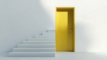 Steep, minimalist stairs leading to a golden door, illustrating the concept of progress and professional triumphの素材