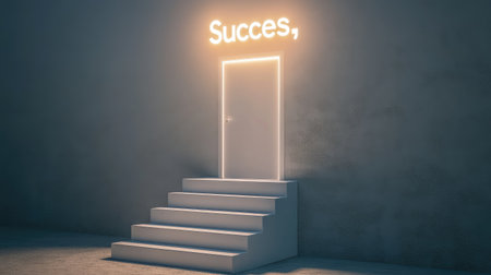 Modern, white stairs leading to a shining door marked "Success," symbolizing professional progress and goalsの素材