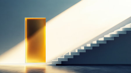 Modern stairs leading to a distant golden door, illustrating the concept of ambition and professional achievementの素材