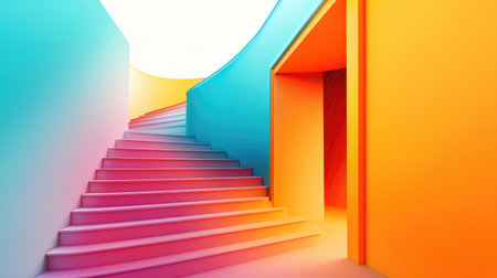 Abstract staircase with a distant door of opportunity, a metaphor for perseverance and business growthの素材