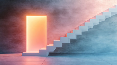 Abstract, white stairs ascending to a glowing door, symbolizing the journey to success and business progressの素材