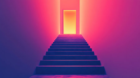 Long staircase with a bright door at the summit, representing ambition, achievement, and success.の素材