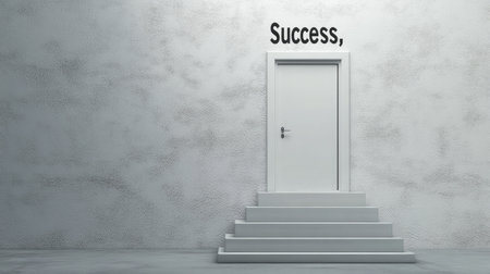 Minimalistic white stairs with a door labeled "Success," representing the gradual climb to professional goalsの素材