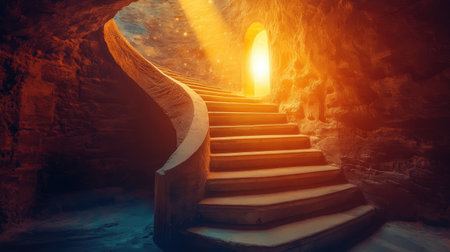 Winding stairs leading to a luminous door, a metaphor for the complexity and effort required for business successの素材