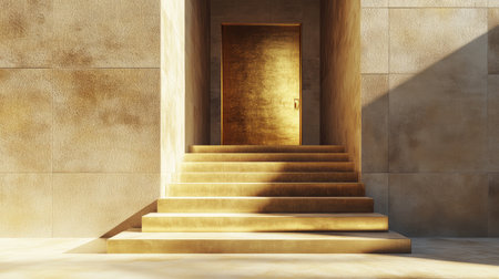 Modern, abstract stairs leading to a golden door of success, a metaphor for the climb to professional achievementの素材