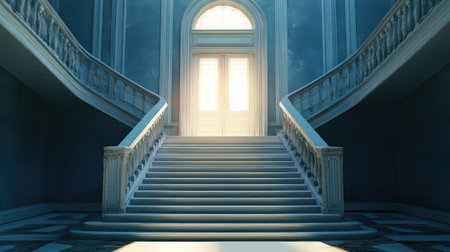 Elegant staircase reaching a radiant door, representing business ambition and the journey to successの素材
