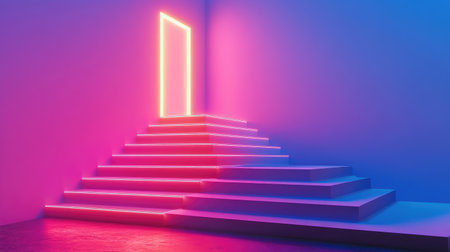 Modern stairs with a glowing door at the top, a symbol of business opportunity and career successの素材