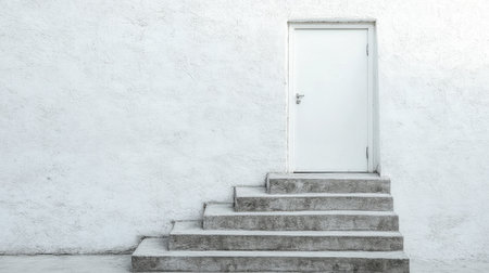 White, minimalistic stairs ascending to a bright success door, representing dedication and the path to triumphの素材
