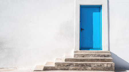 Minimalist stairs leading to a bright blue door, a concept of business goals and achievementの素材
