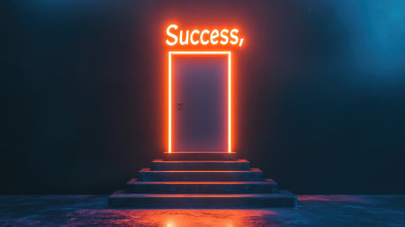 Abstract stairs leading to a glowing door marked "Success," a symbol of career achievement and professional milestonesの素材
