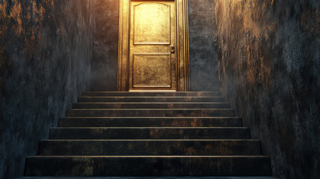 Stairs stretching toward a golden door, symbolizing the path of perseverance and success in businessの素材