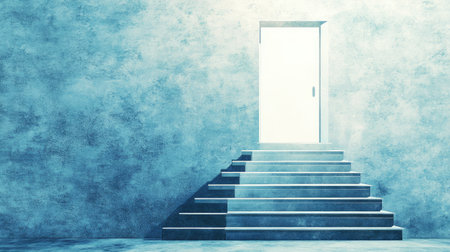 Minimalistic stairs with a shining door at the top, a concept of progress, ambition, and reaching business successの素材