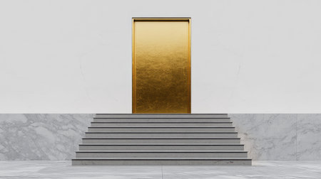 Steep, minimalist stairs leading to a golden door, illustrating the concept of progress and professional triumphの素材