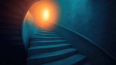 Stairs spiraling upward to a glowing door, illustrating the effort and ambition needed for business triumphの素材