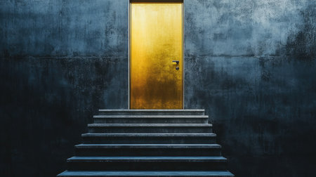 Steep, minimalist stairs leading to a golden door, illustrating the concept of progress and professional triumphの素材