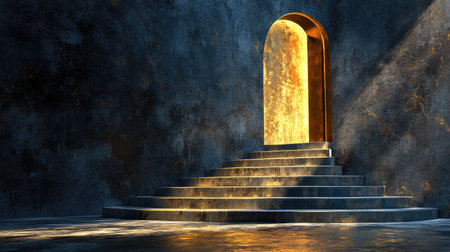Modern, abstract stairs leading to a golden door of success, a metaphor for the climb to professional achievementの素材