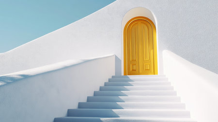 White stairs stretching up to a golden door, illustrating the concept of ambition and business triumphの素材