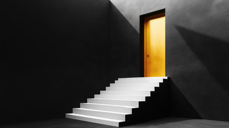 Steep, minimalist stairs leading to a golden door, illustrating the concept of progress and professional triumphの素材